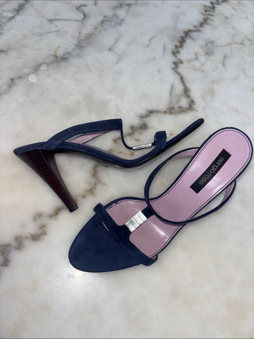 Sergio Rossi Navy Suede Open-Toe Slingback Heels with Pink Insole